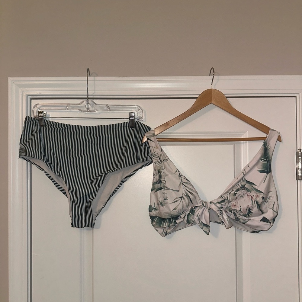SHEIN green and white striped bikini set